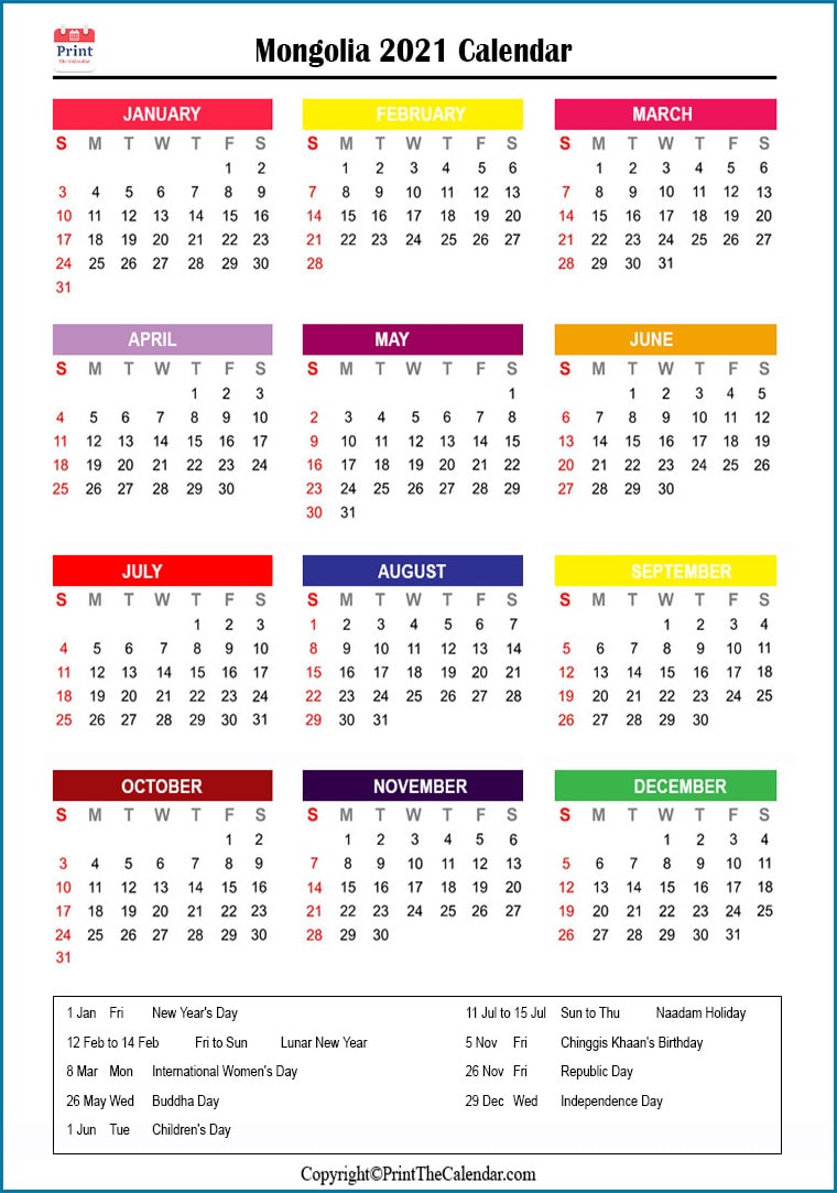 Mongolia Printable Calendar 2021